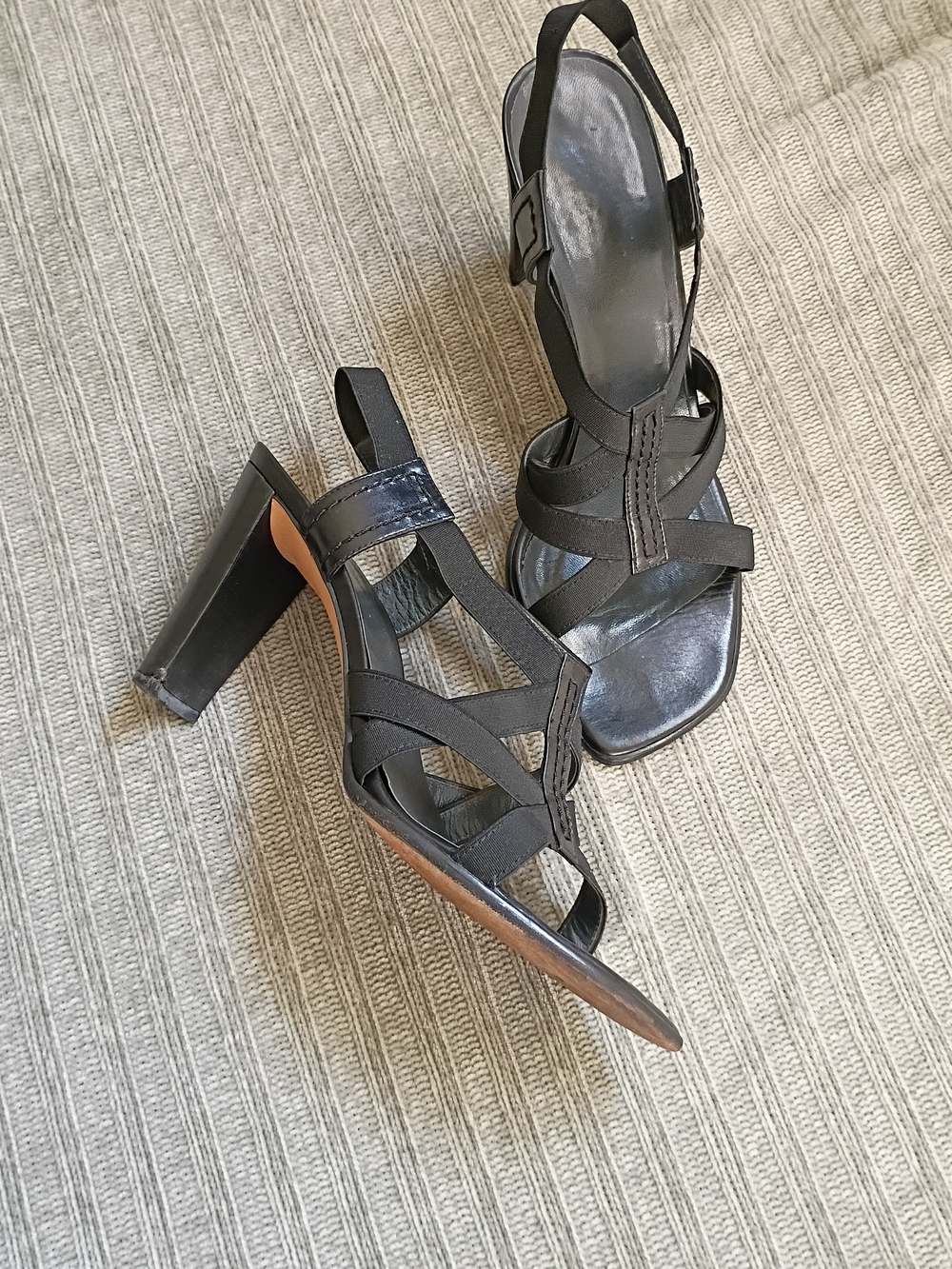 Stuart Weitzman Vintage Black Elastic Strappy Block Heel Sandals Size 9M Y2K